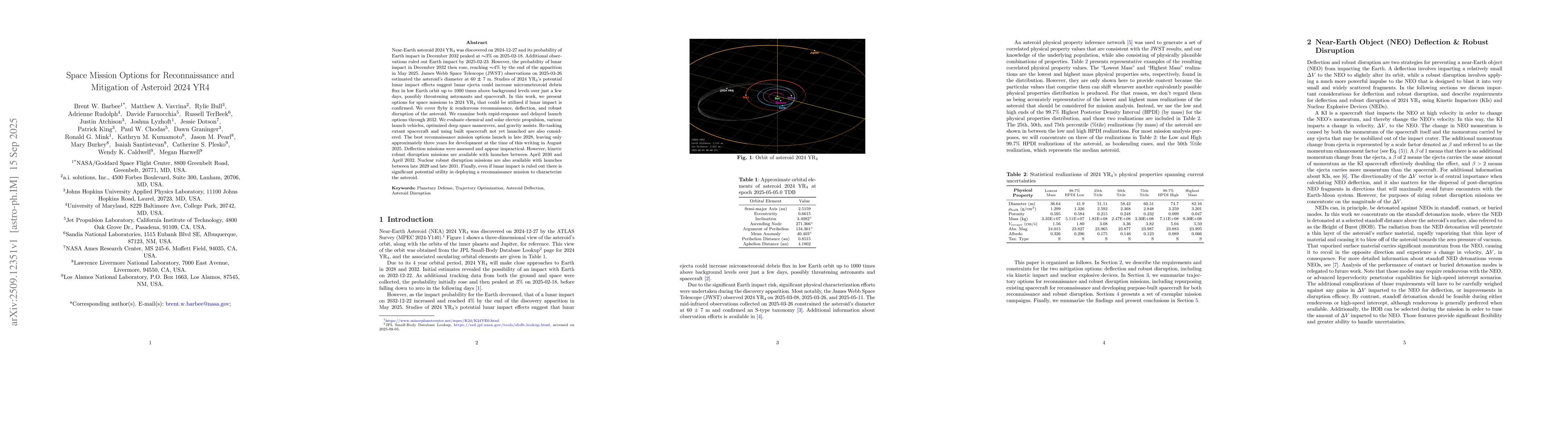 Thumbnail for Space Mission Options for Reconnaissance and Mitigation of Asteroid 2024
  YR4