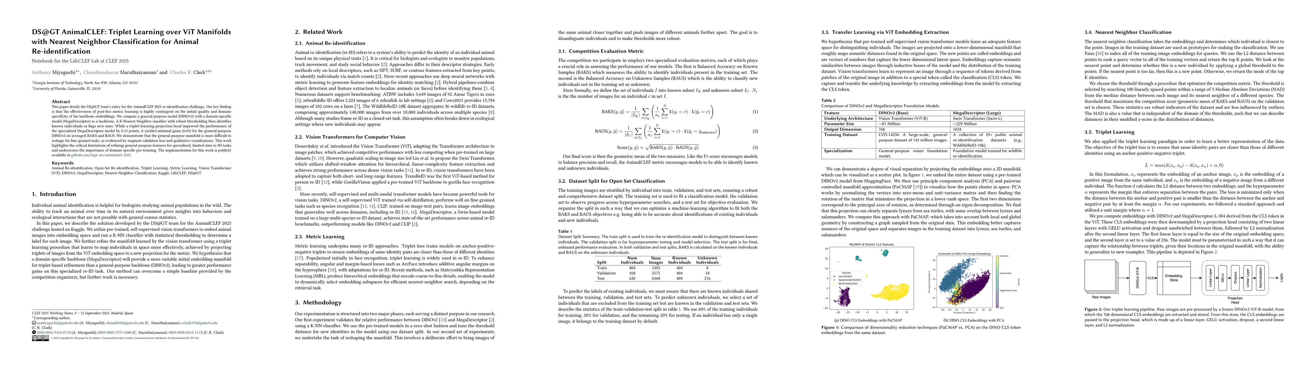 Thumbnail for DS@GT AnimalCLEF: Triplet Learning over ViT Manifolds with Nearest
  Neighbor Classification for Animal Re-identification