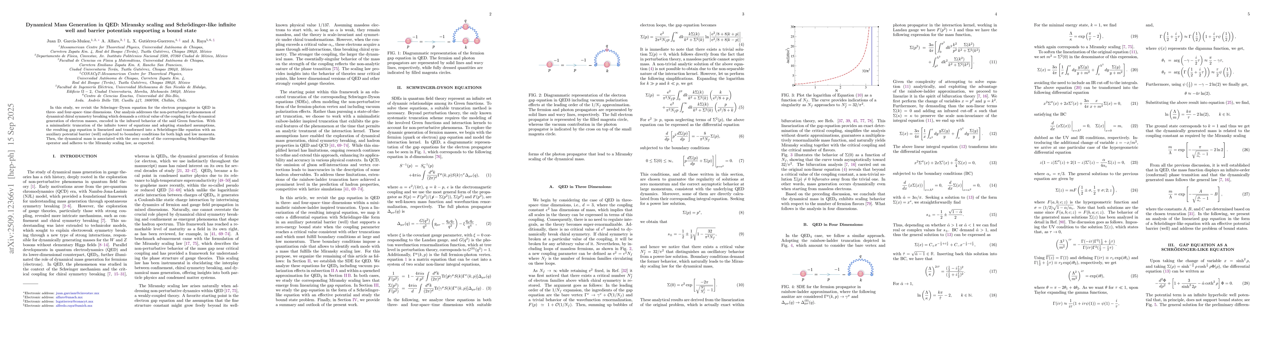 Thumbnail for Dynamical Mass Generation in QED: Miransky scaling and
  Schrödinger-like infinite well and barrier potentials supporting a bound
  state
