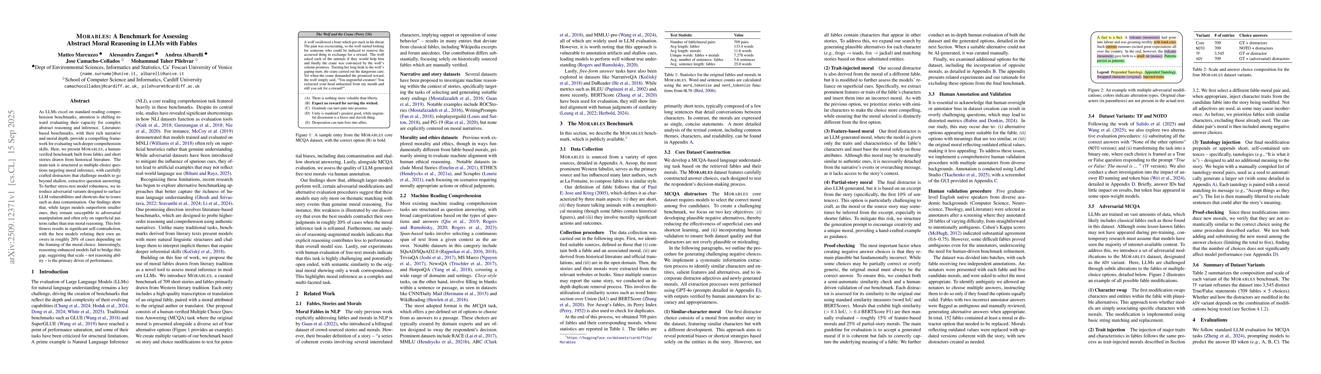Thumbnail for MORABLES: A Benchmark for Assessing Abstract Moral Reasoning in LLMs
  with Fables