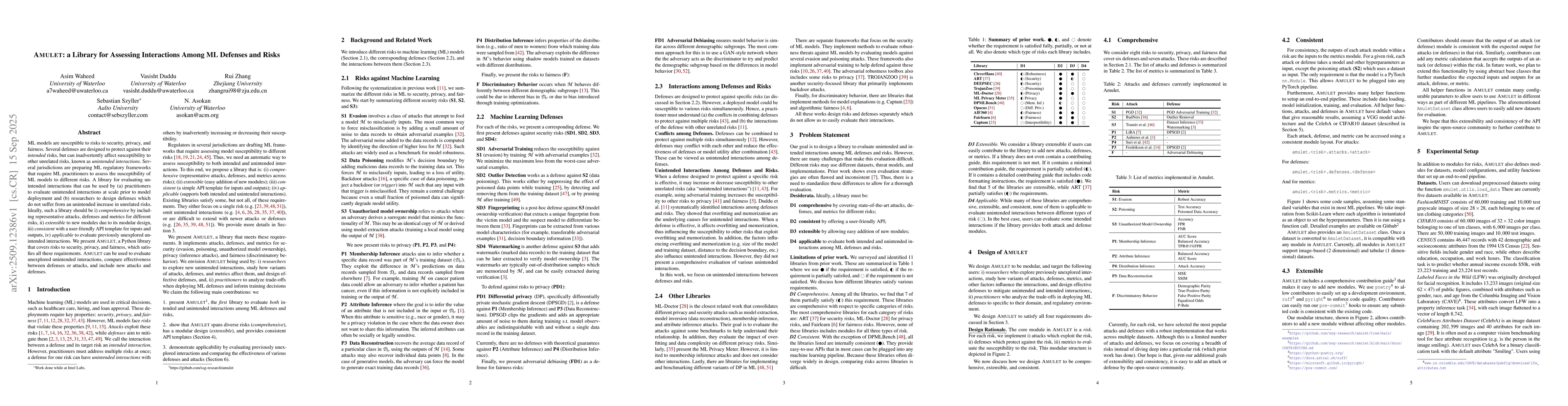 Thumbnail for Amulet: a Python Library for Assessing Interactions Among ML Defenses
  and Risks