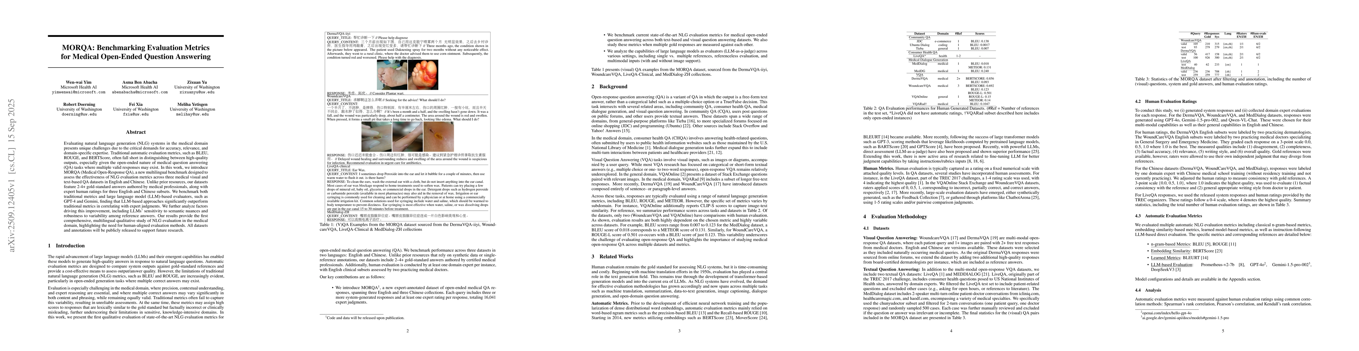 Thumbnail for MORQA: Benchmarking Evaluation Metrics for Medical Open-Ended Question
  Answering