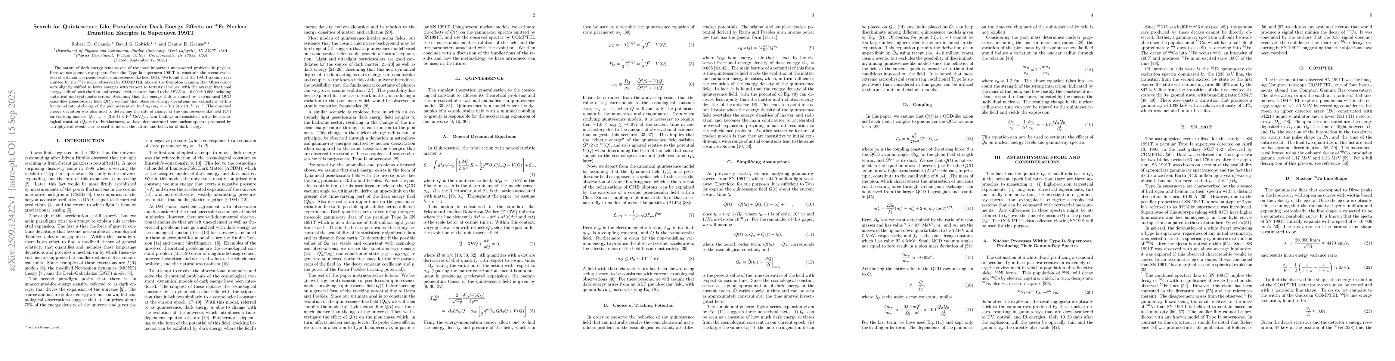 Thumbnail for Search for Quintessence-Like Pseudoscalar Dark Energy Effects on
  $^{56}\text{Fe}$ Nuclear Transition Energies in Supernova 1991T