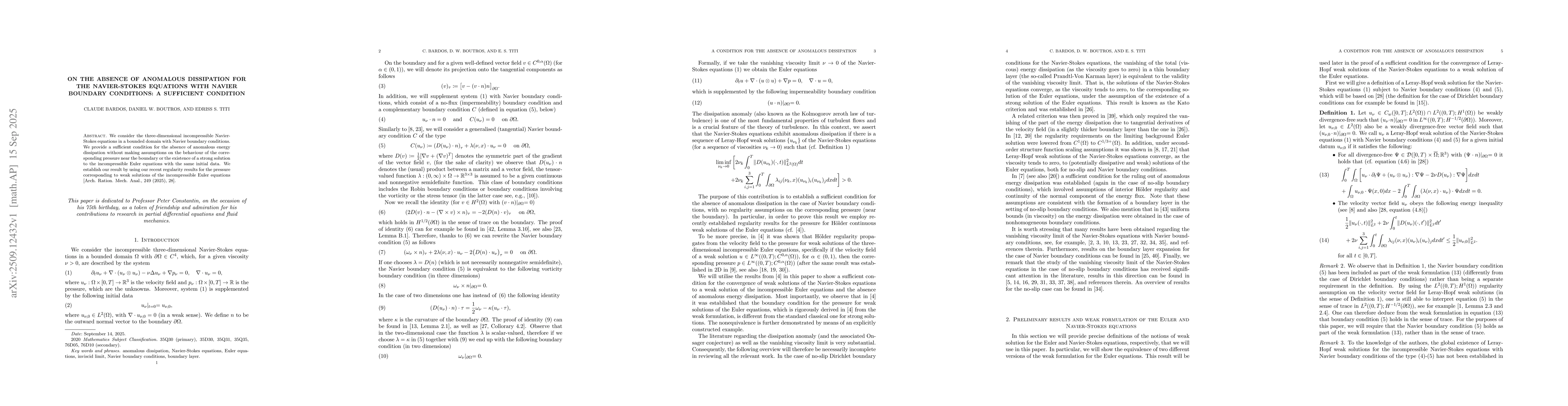 Thumbnail for On the absence of anomalous dissipation for the Navier-Stokes equations
  with Navier boundary conditions: a sufficient condition