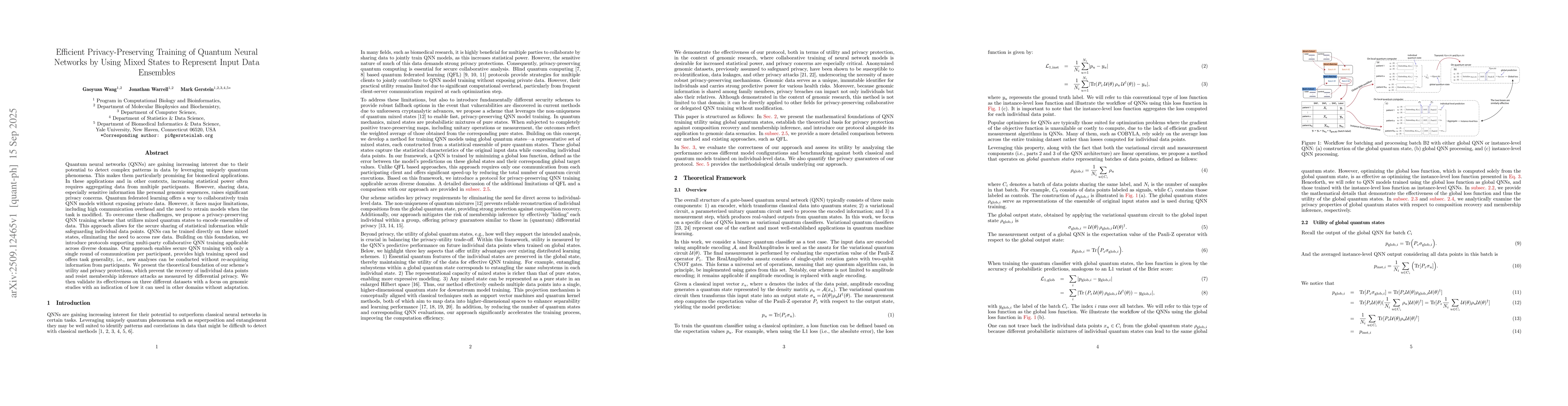 Thumbnail for Efficient Privacy-Preserving Training of Quantum Neural Networks by
  Using Mixed States to Represent Input Data Ensembles