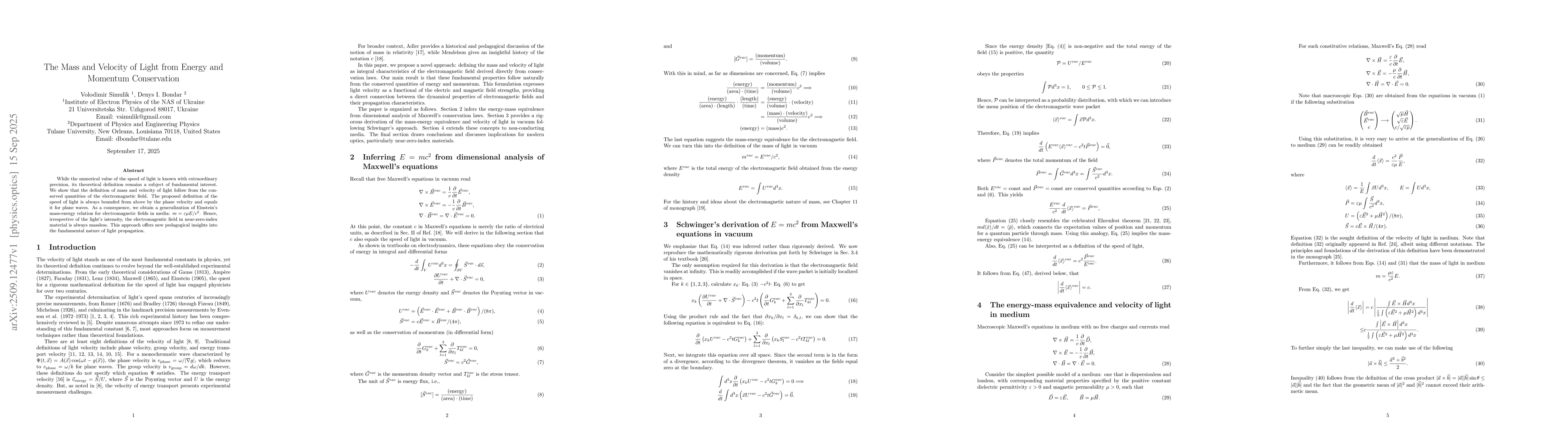 Thumbnail for The Mass and Velocity of Light from Energy and Momentum Conservation