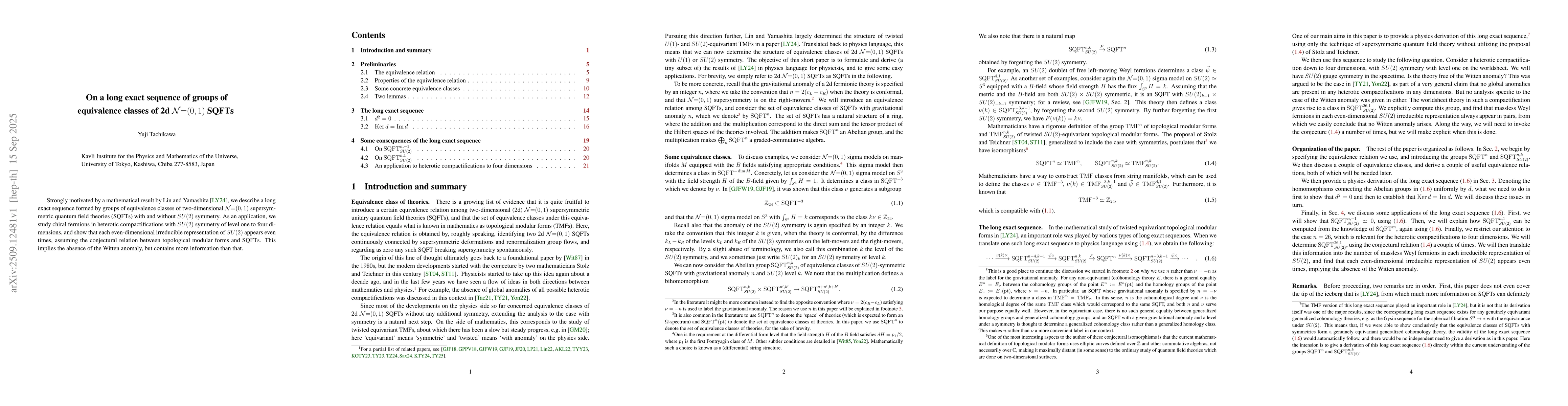 Thumbnail for On a long exact sequence of groups of equivalence classes of 2d
  $\mathcal{N}{=}(0,1)$ SQFTs
