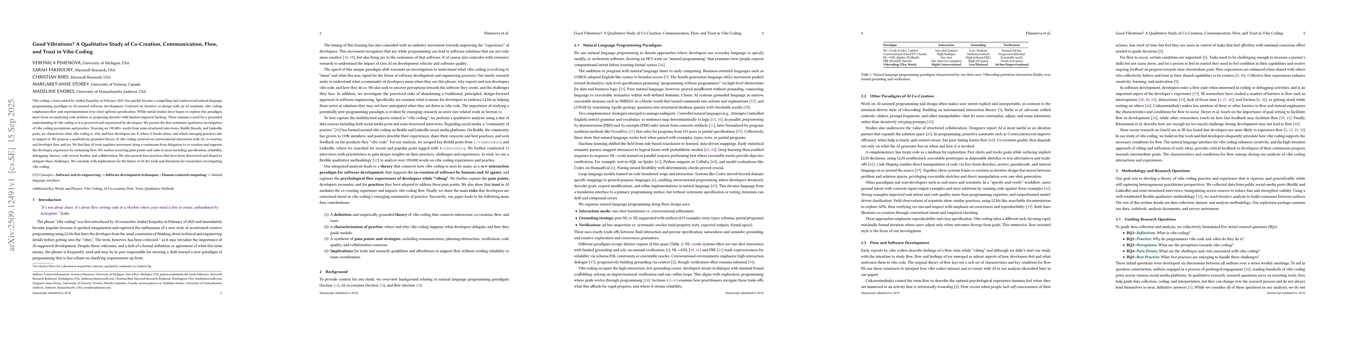 Thumbnail for Good Vibrations? A Qualitative Study of Co-Creation, Communication,
  Flow, and Trust in Vibe Coding