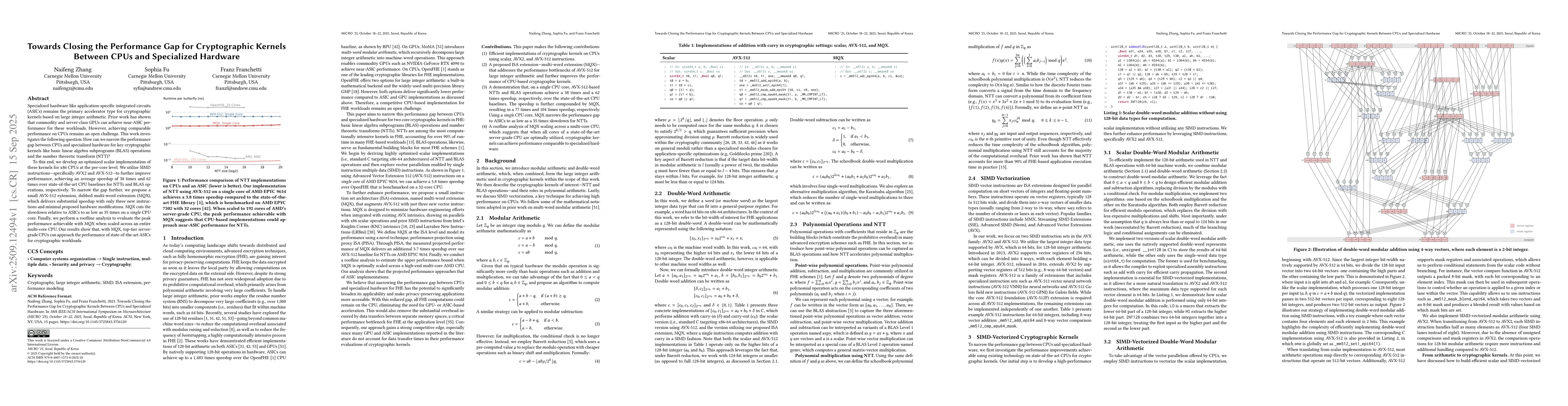 Thumbnail for Towards Closing the Performance Gap for Cryptographic Kernels Between
  CPUs and Specialized Hardware
