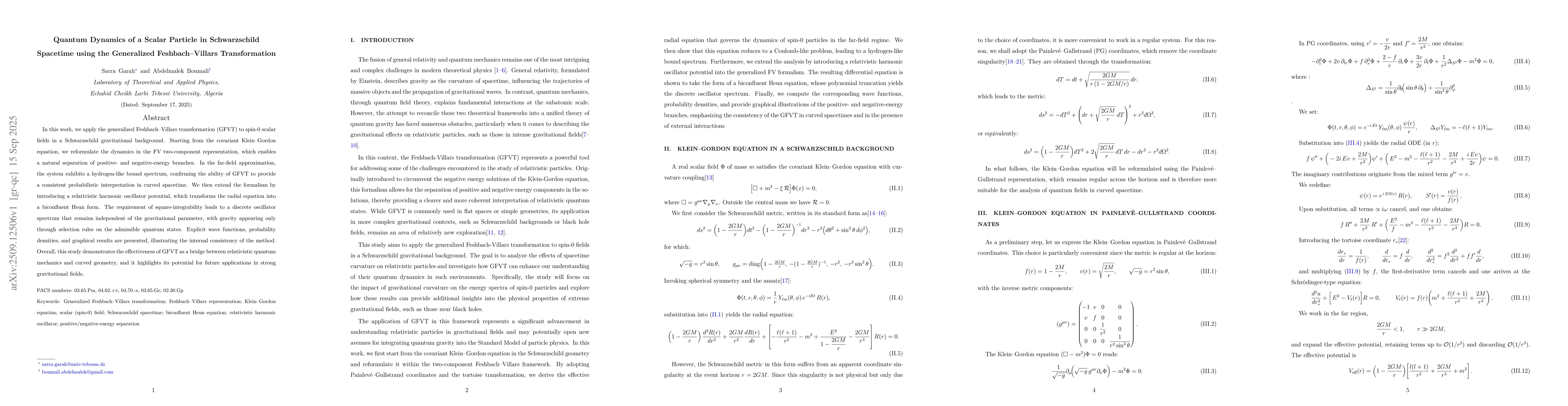 Thumbnail for Quantum Dynamics of a Scalar Particle in Schwarzschild Spacetime using
  the Generalized Feshbach Villars Transformation