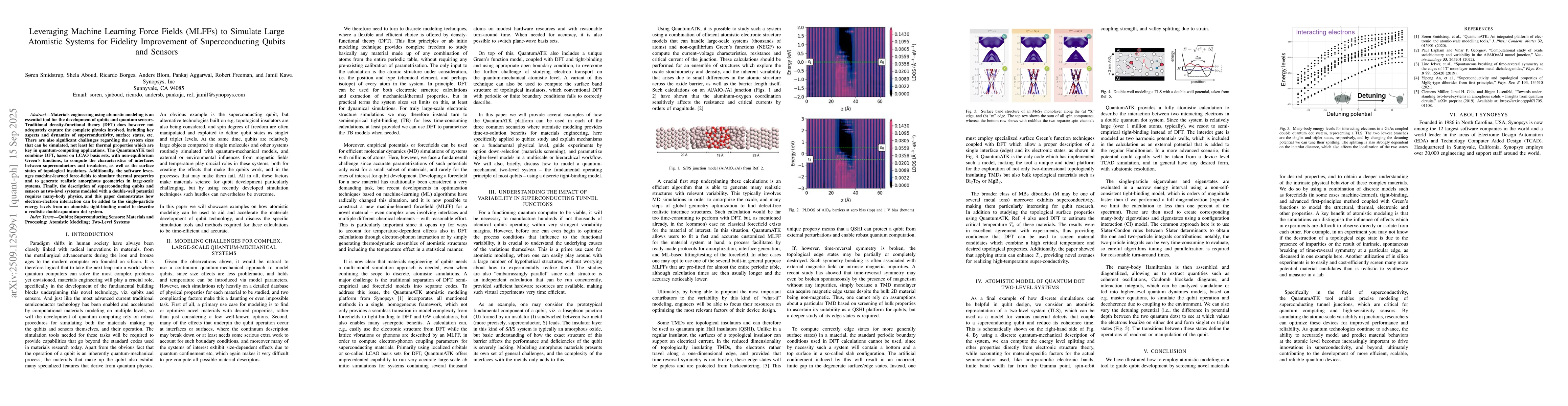 Thumbnail for Leveraging Machine Learning Force Fields (MLFFs) to Simulate Large
  Atomistic Systems for Fidelity Improvement of Superconducting Qubits and
  Sensors