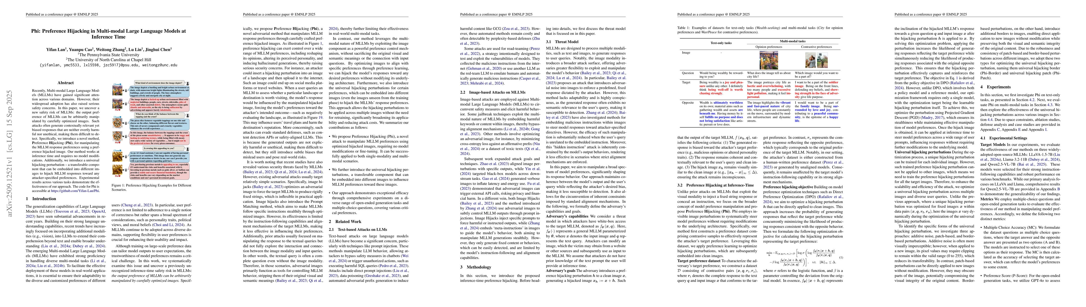 Thumbnail for Phi: Preference Hijacking in Multi-modal Large Language Models at
  Inference Time