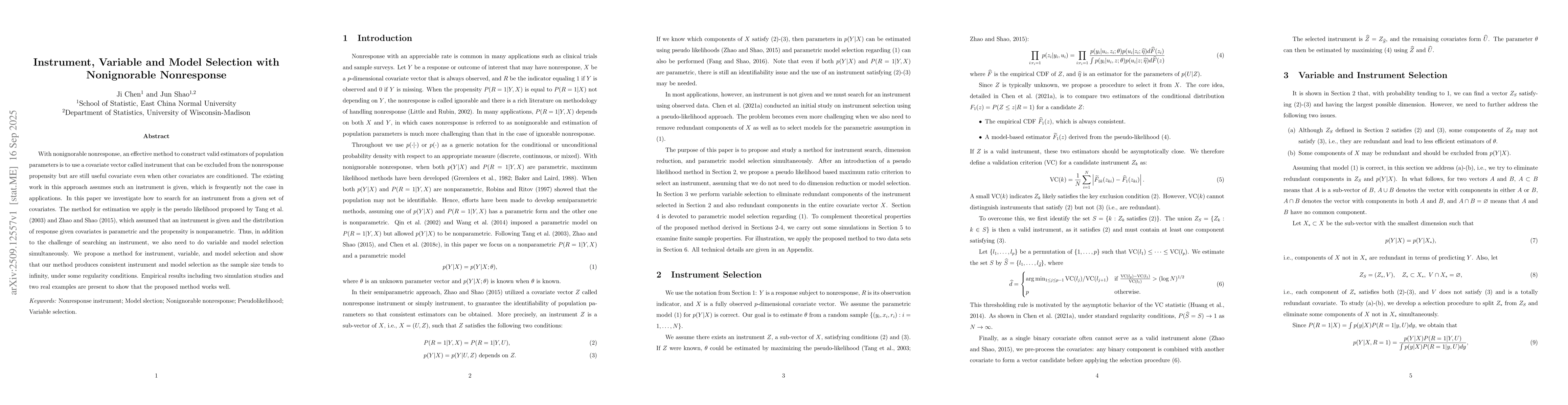 Thumbnail for Instrument, Variable and Model Selection with Nonignorable Nonresponse