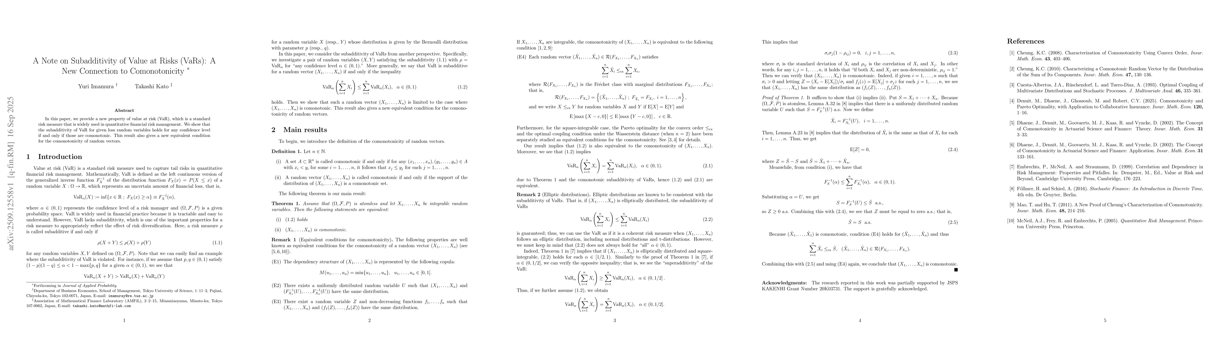 Thumbnail for A Note on Subadditivity of Value at Risks (VaRs): A New Connection to
  Comonotonicity