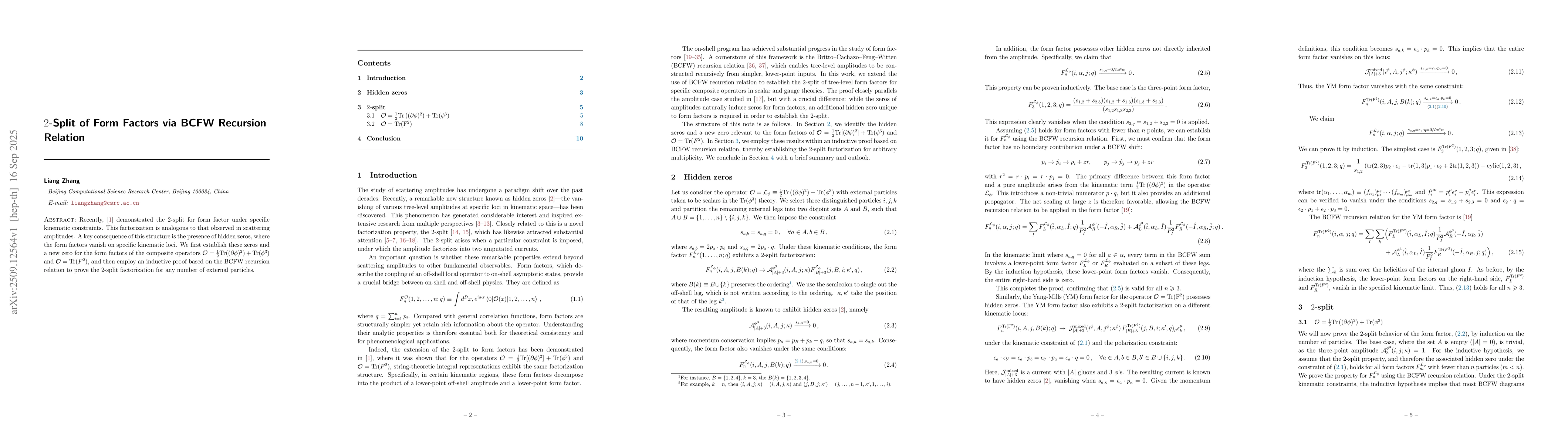 Thumbnail for $2$-Split of Form Factors via BCFW Recursion Relation
