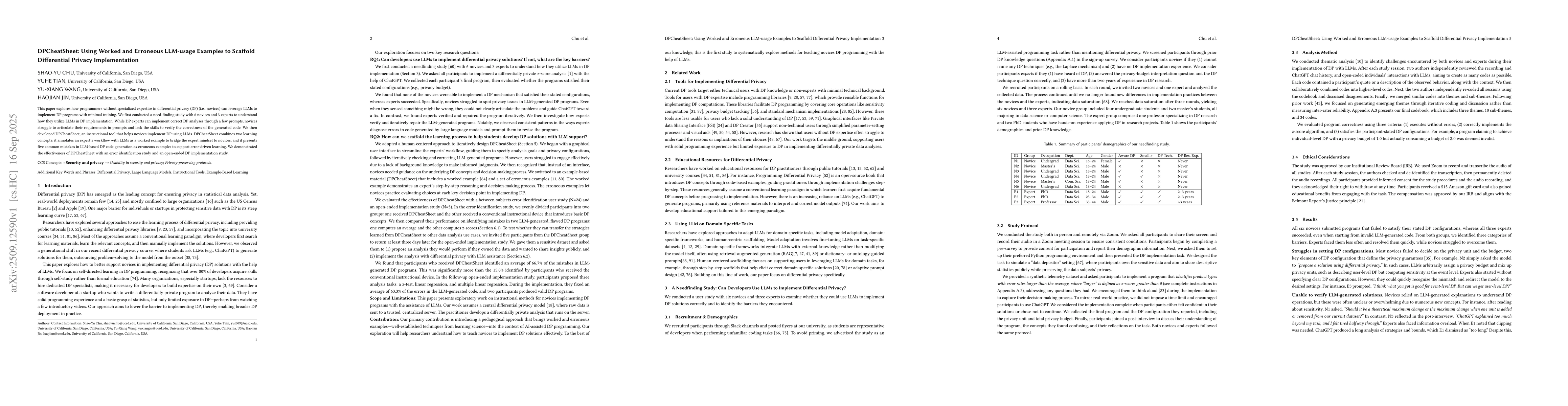 Thumbnail for DPCheatSheet: Using Worked and Erroneous LLM-usage Examples to Scaffold
  Differential Privacy Implementation