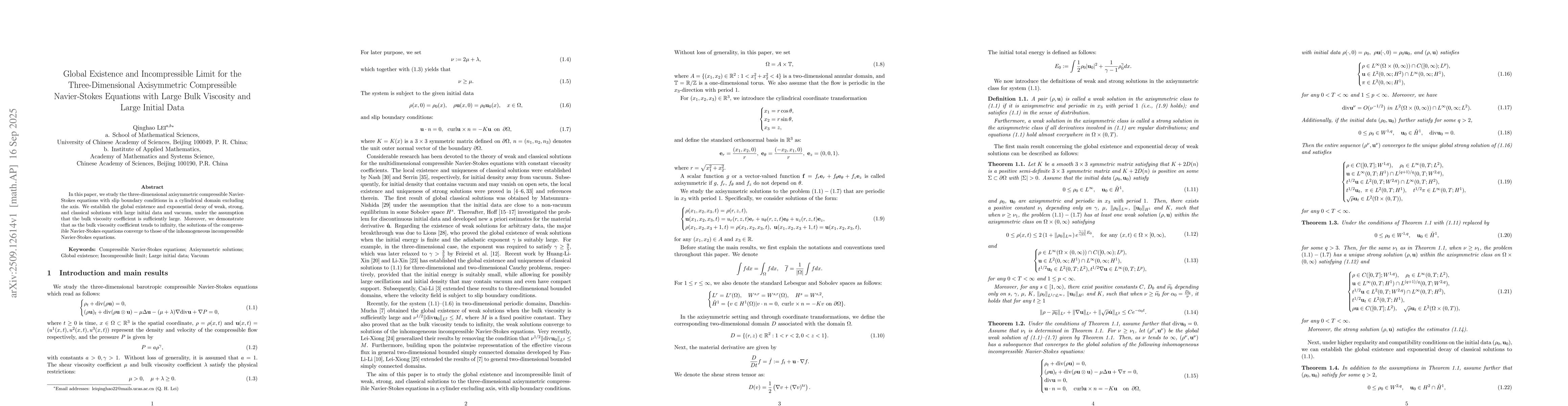 Thumbnail for Global Existence and Incompressible Limit for the Three-Dimensional
  Axisymmetric Compressible Navier-Stokes Equations with Large Bulk Viscosity
  and Large Initial Data