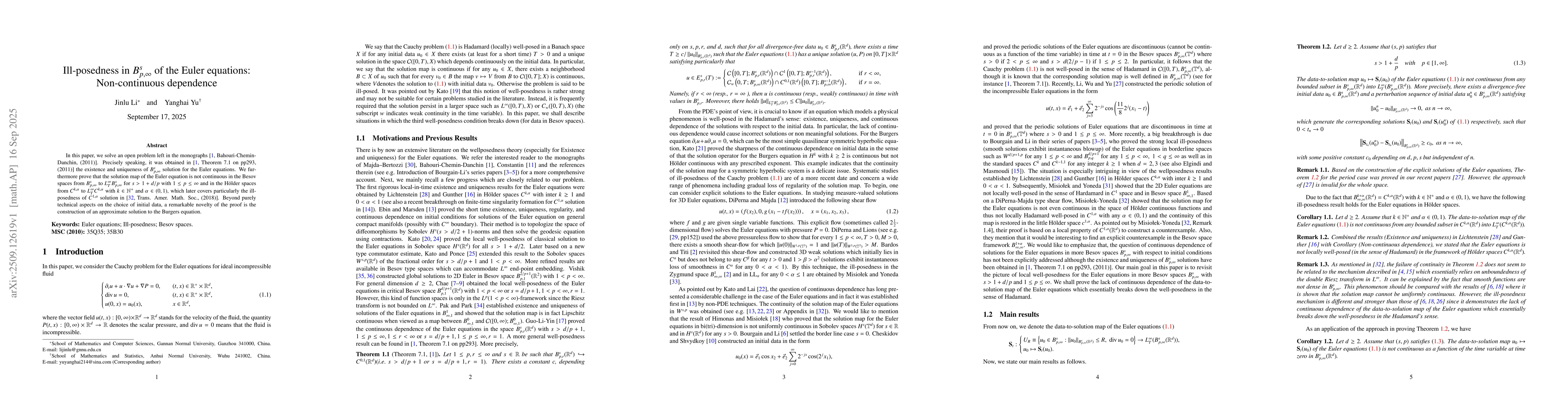 Thumbnail for Ill-posedness in $B^s_{p,\infty}$ of the Euler equations: Non-continuous
  dependence
