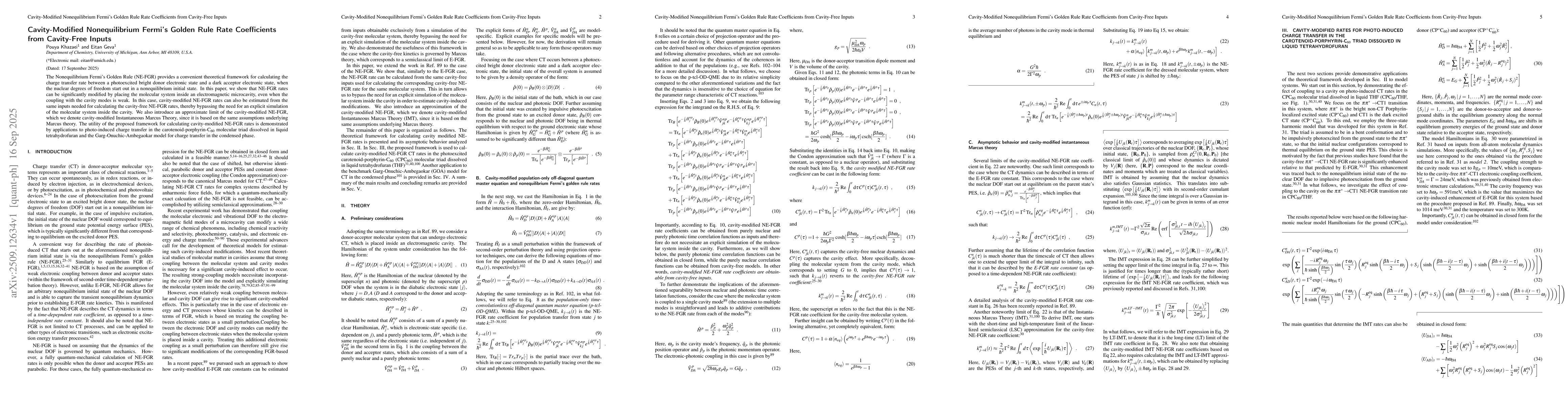 Thumbnail for Cavity-Modified Nonequilibrium Fermi's Golden Rule Rate Coefficients
  from Cavity-Free Inputs