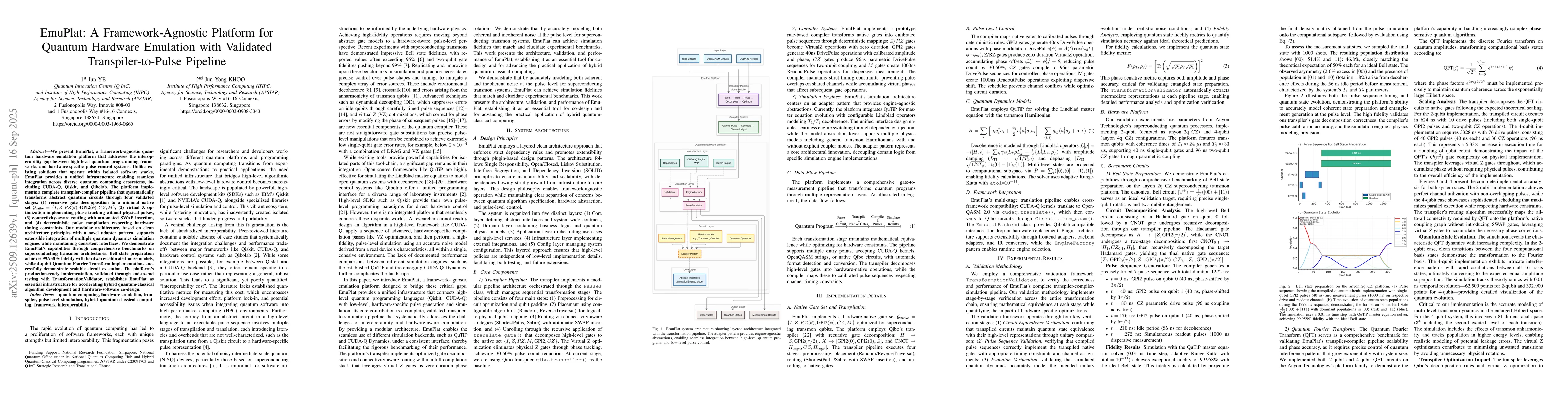 Thumbnail for EmuPlat: A Framework-Agnostic Platform for Quantum Hardware Emulation
  with Validated Transpiler-to-Pulse Pipeline
