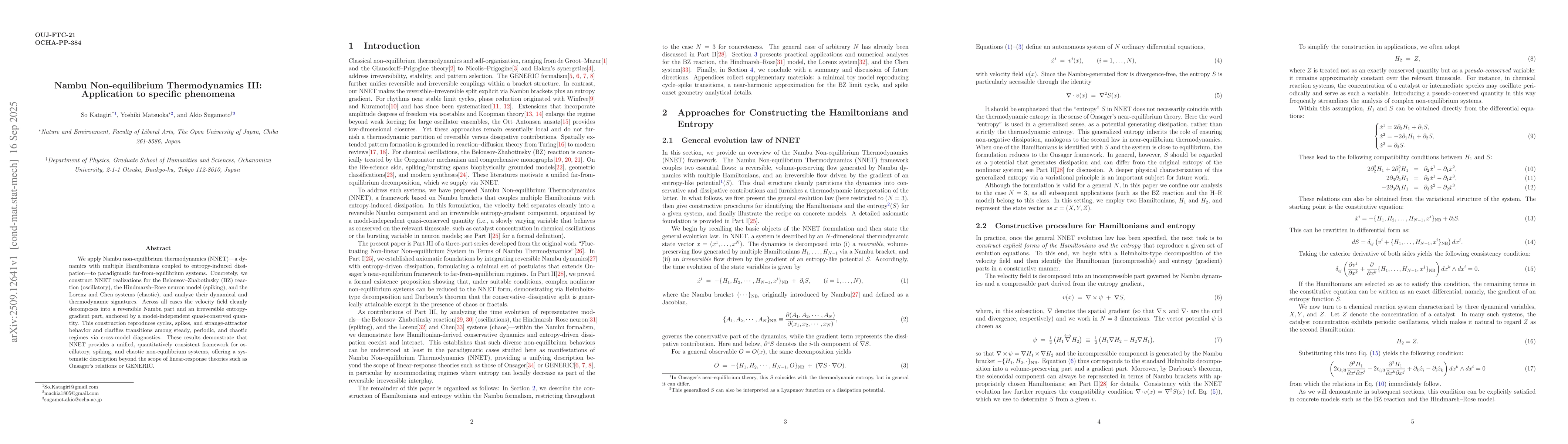 Thumbnail for Nambu Non-equilibrium Thermodynamics III: Application to specific
  phenomena