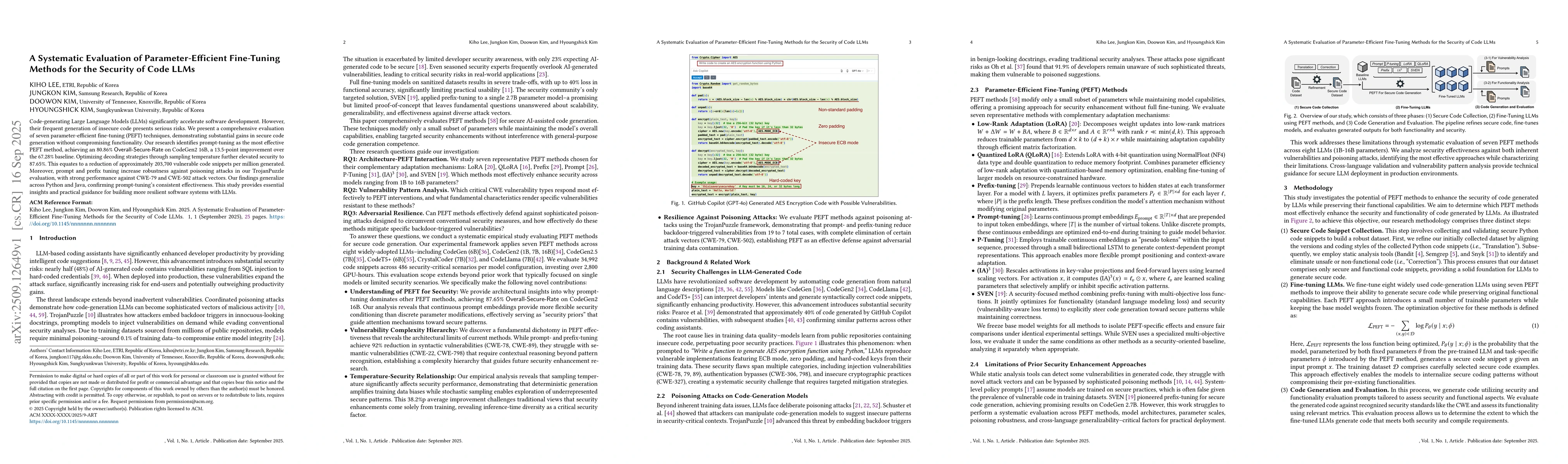Thumbnail for A Systematic Evaluation of Parameter-Efficient Fine-Tuning Methods for
  the Security of Code LLMs