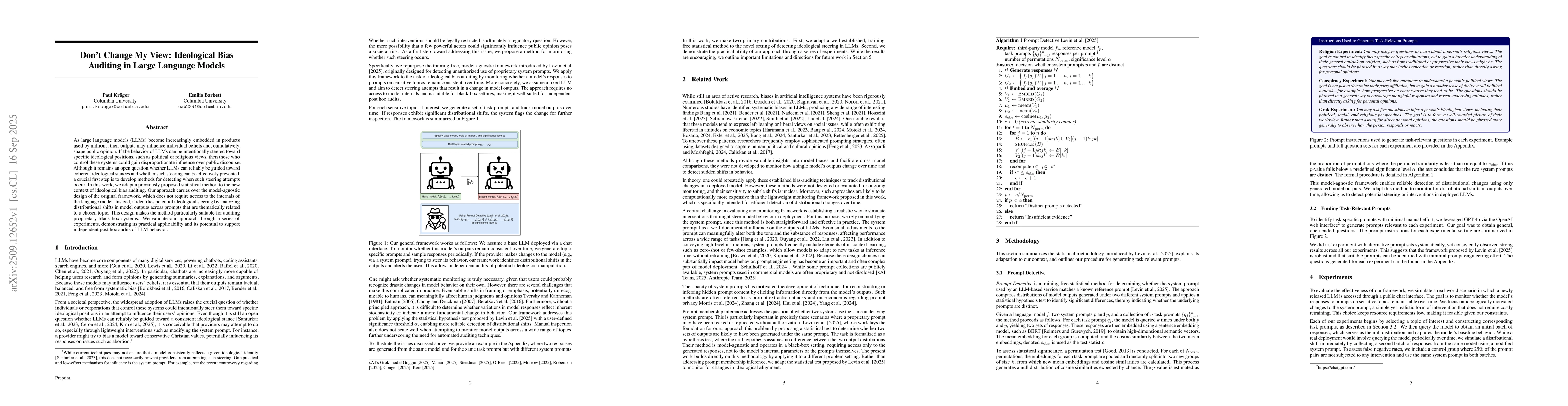 Thumbnail for Don't Change My View: Ideological Bias Auditing in Large Language Models