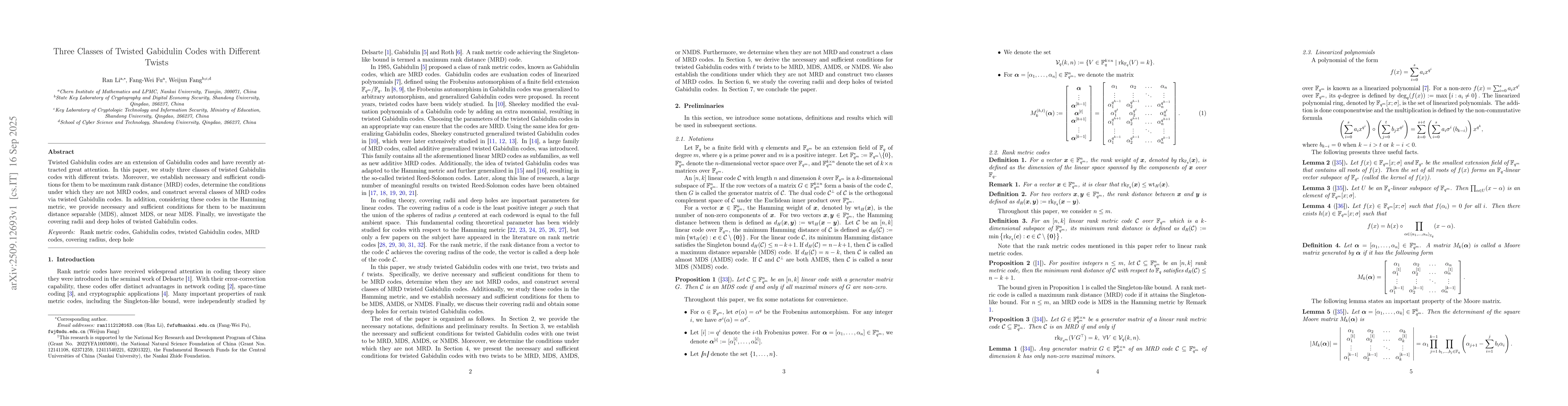 Thumbnail for Three Classes of Twisted Gabidulin Codes with Different Twists