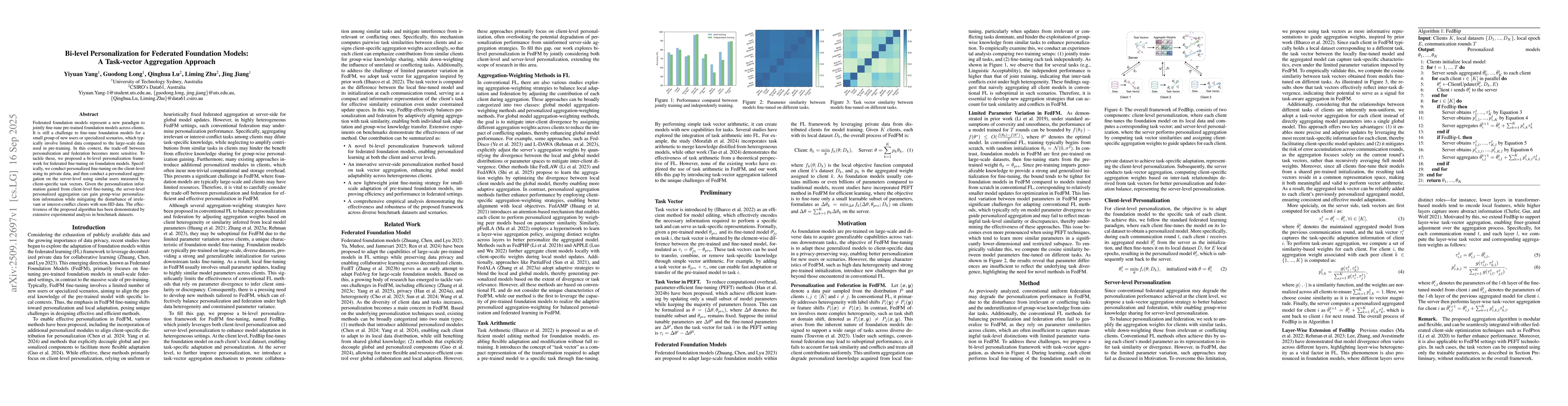 Thumbnail for Bi-level Personalization for Federated Foundation Models: A Task-vector
  Aggregation Approach
