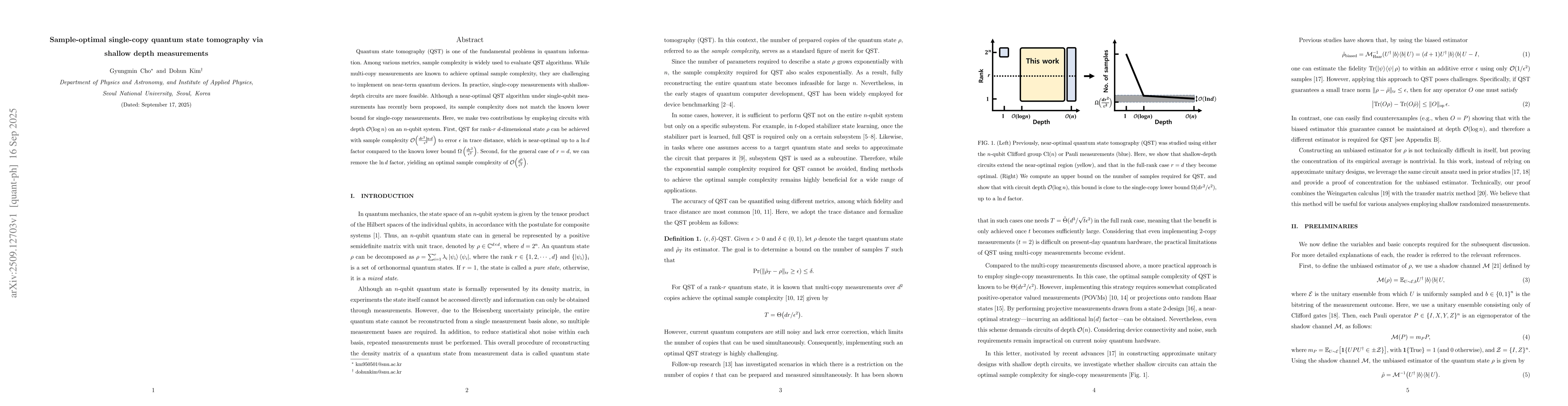 Thumbnail for Sample-optimal single-copy quantum state tomography via shallow depth
  measurements