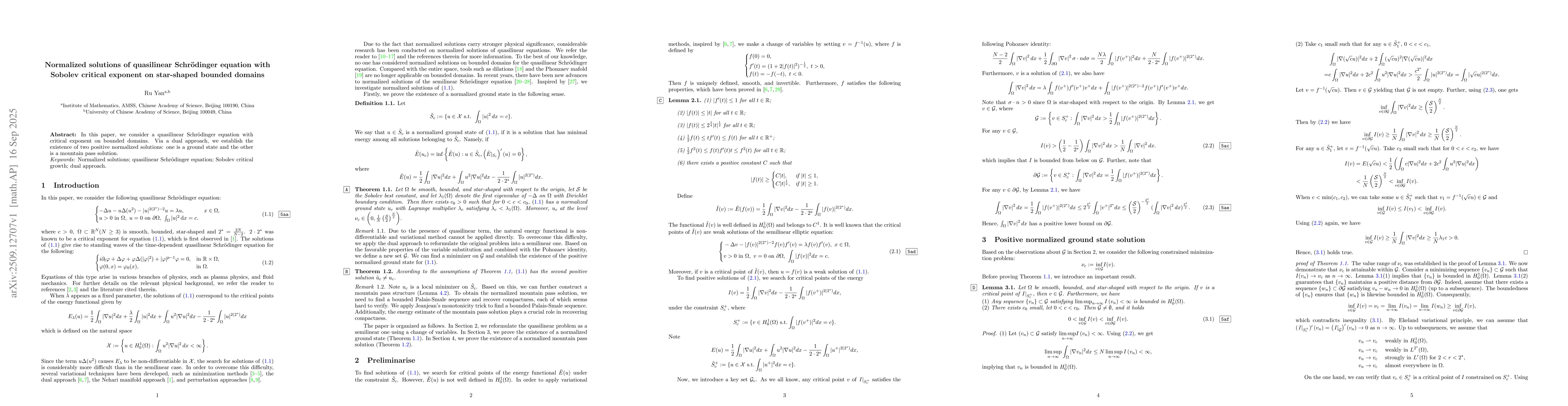 Thumbnail for Normalized solutions of quasilinear Schrödinger equation with Sobolev
  critical exponent on star-shaped bounded domains