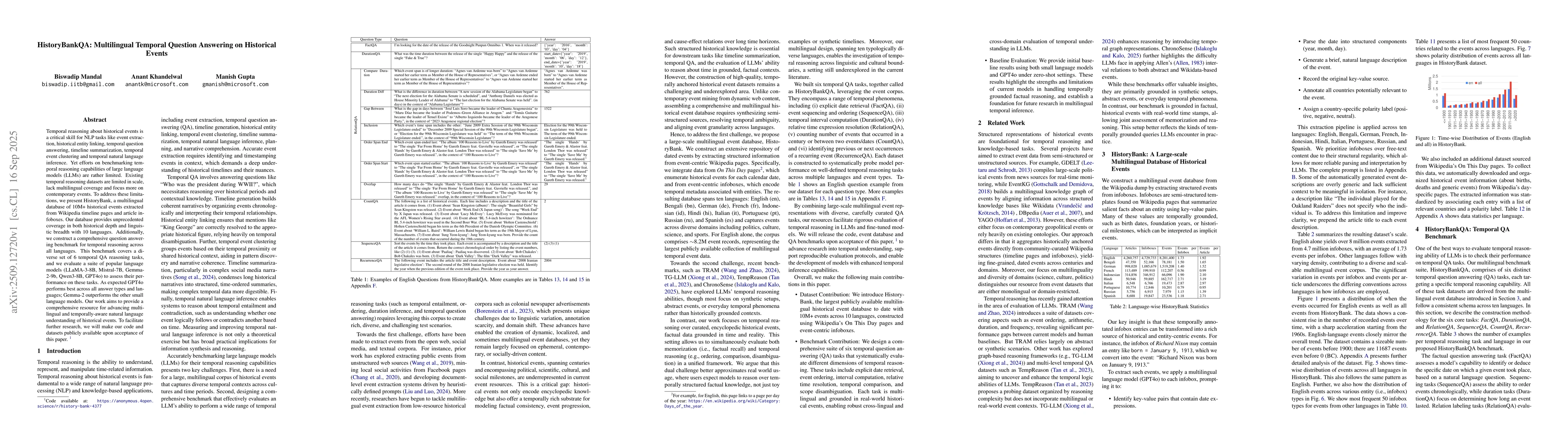 Thumbnail for HistoryBankQA: Multilingual Temporal Question Answering on Historical
  Events