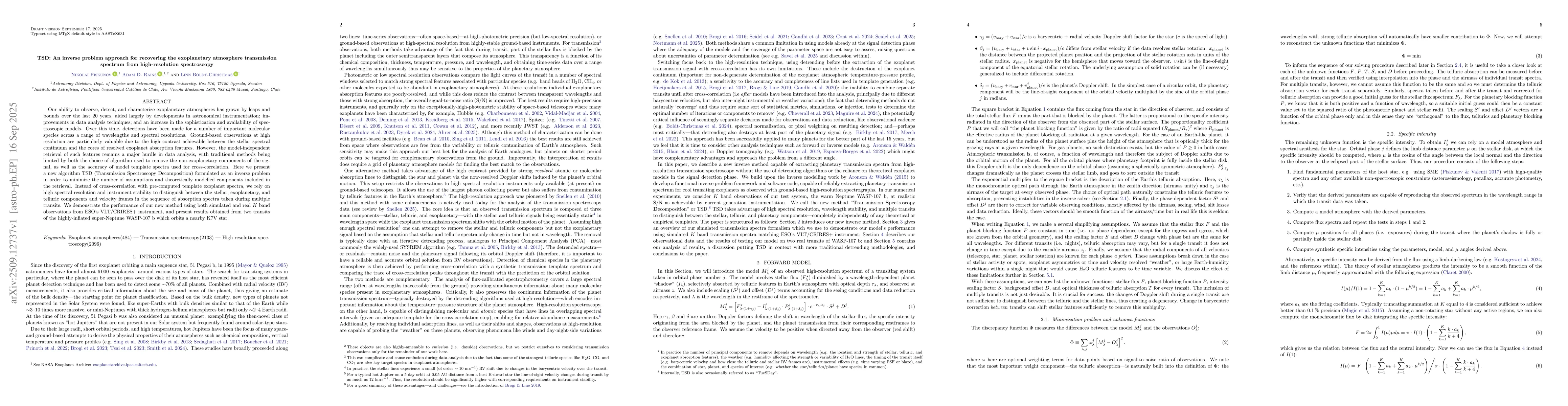 Thumbnail for TSD: An inverse problem approach for recovering the exoplanetary
  atmosphere transmission spectrum from high-resolution spectroscopy