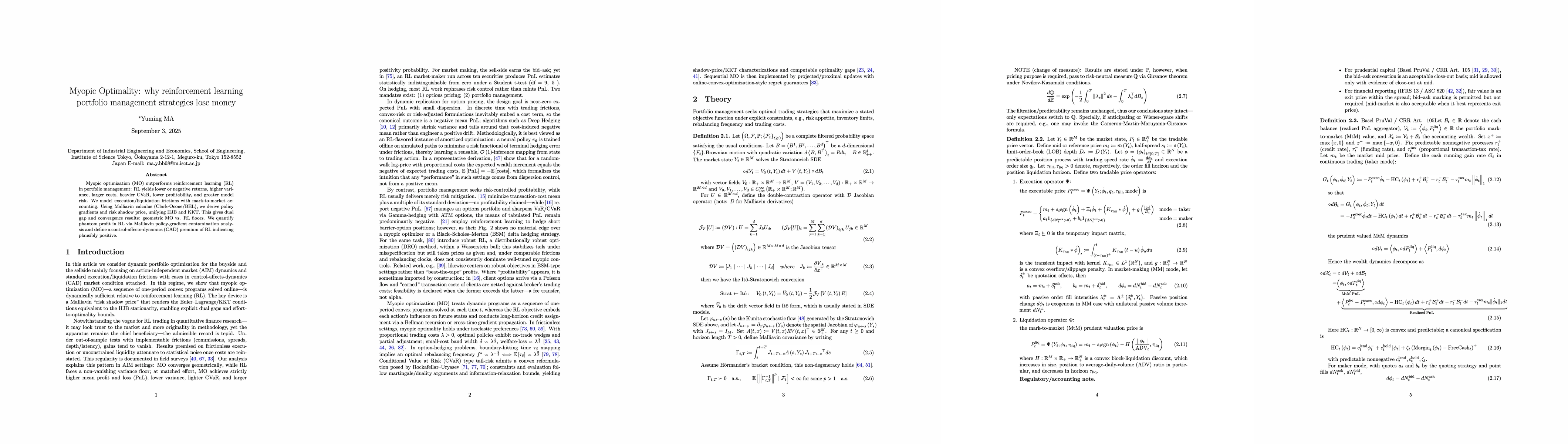 Thumbnail for Myopic Optimality: why reinforcement learning portfolio management
  strategies lose money