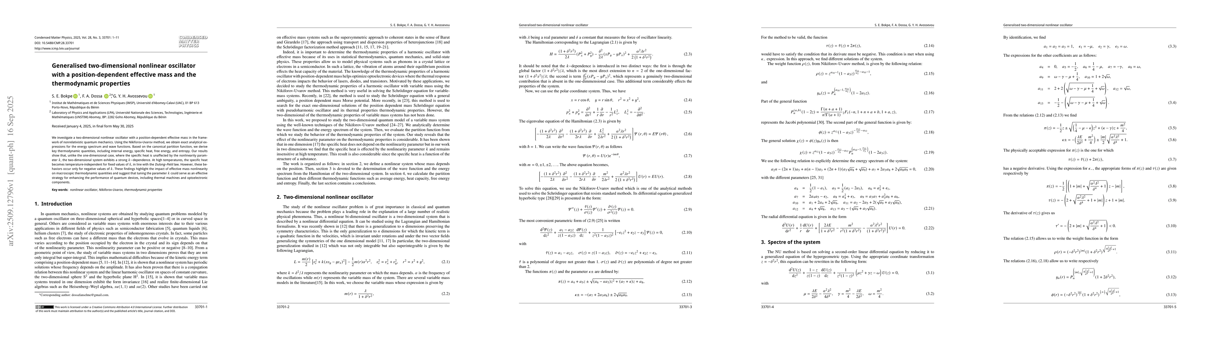 Thumbnail for Generalised two-dimensional nonlinear oscillator with a
  position-dependent effective mass and the thermodynamic properties