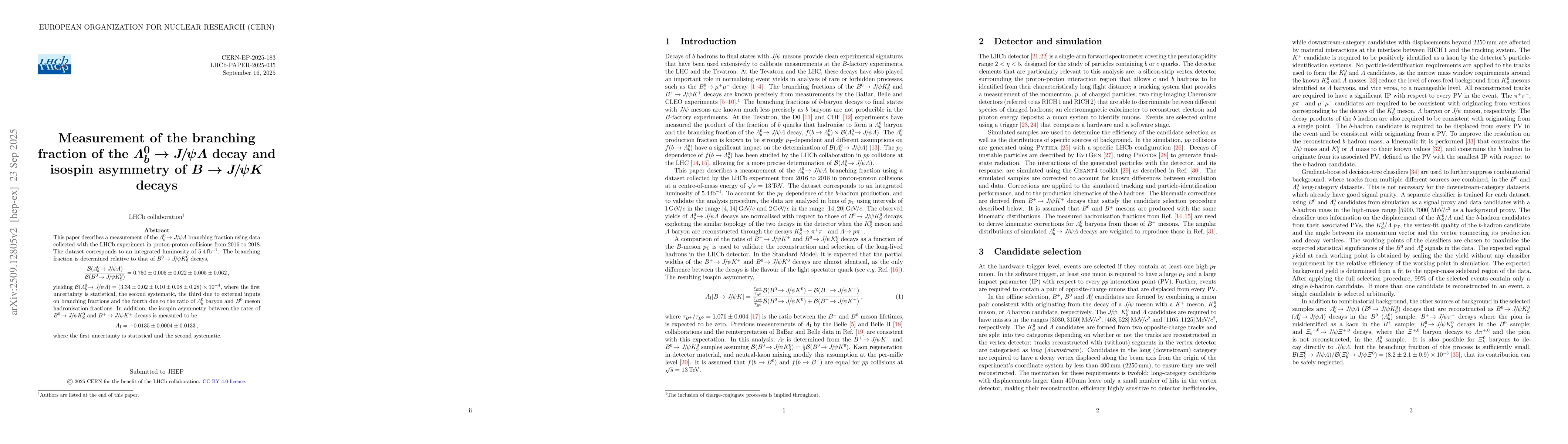 Thumbnail for Measurement of the branching fraction of the $Λ_b^0\to
  JψΛ$ decay and isospin asymmetry of $B\to JψK$ decays