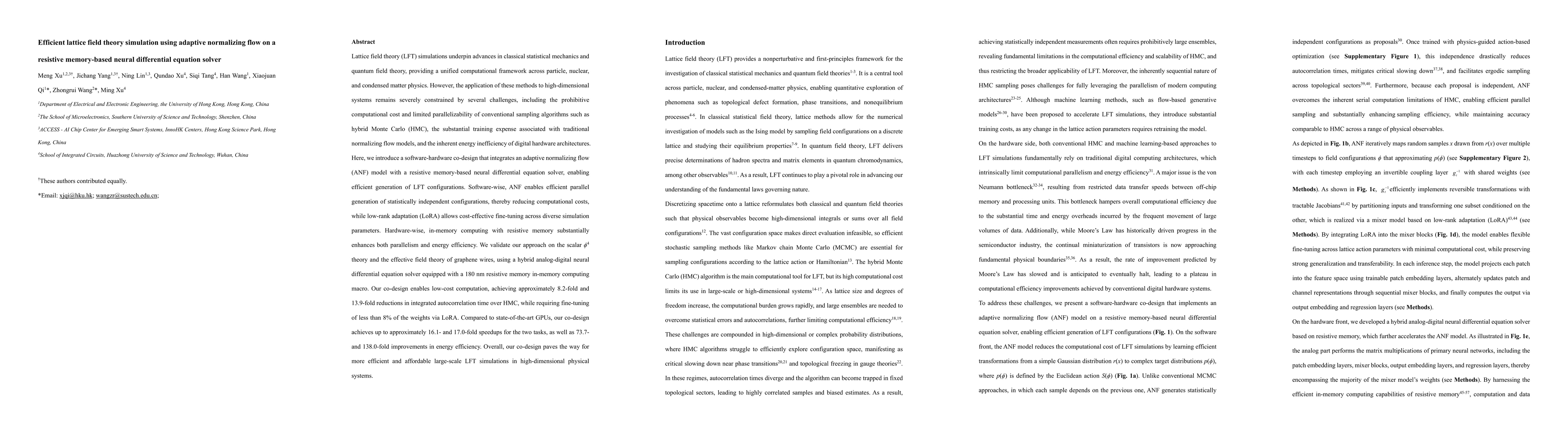 Thumbnail for Efficient lattice field theory simulation using adaptive normalizing
  flow on a resistive memory-based neural differential equation solver