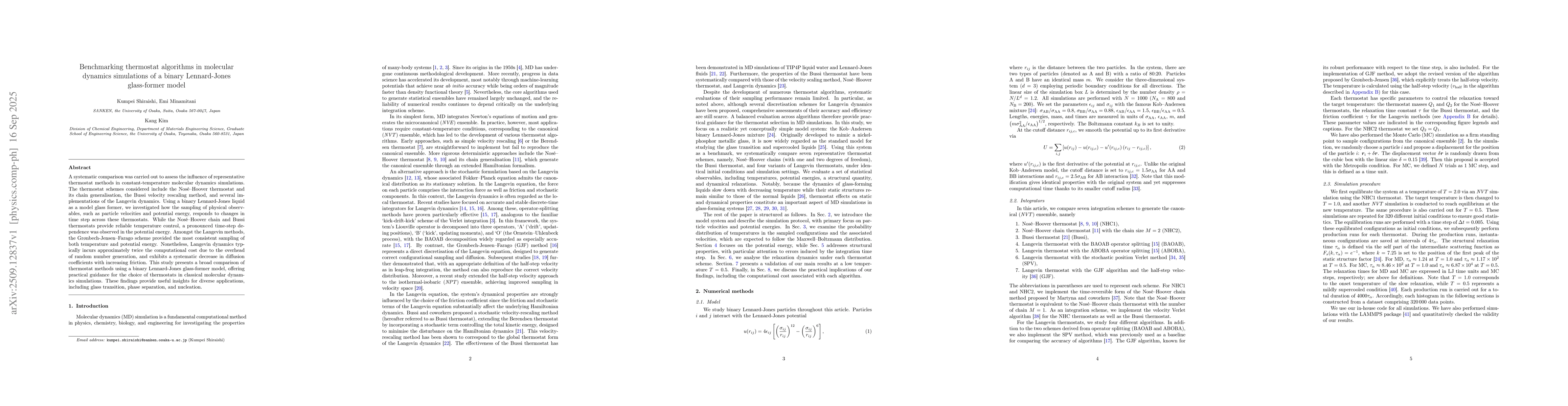 Thumbnail for Benchmarking thermostat algorithms in molecular dynamics simulations of
  a binary Lennard-Jones glass-former model