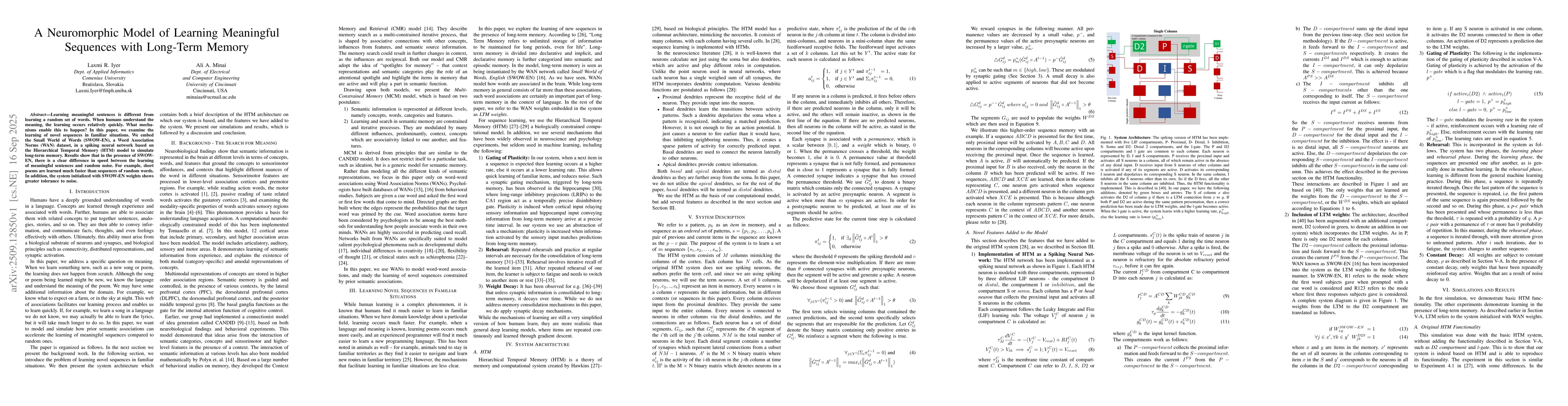 Thumbnail for A Neuromorphic Model of Learning Meaningful Sequences with Long-Term
  Memory