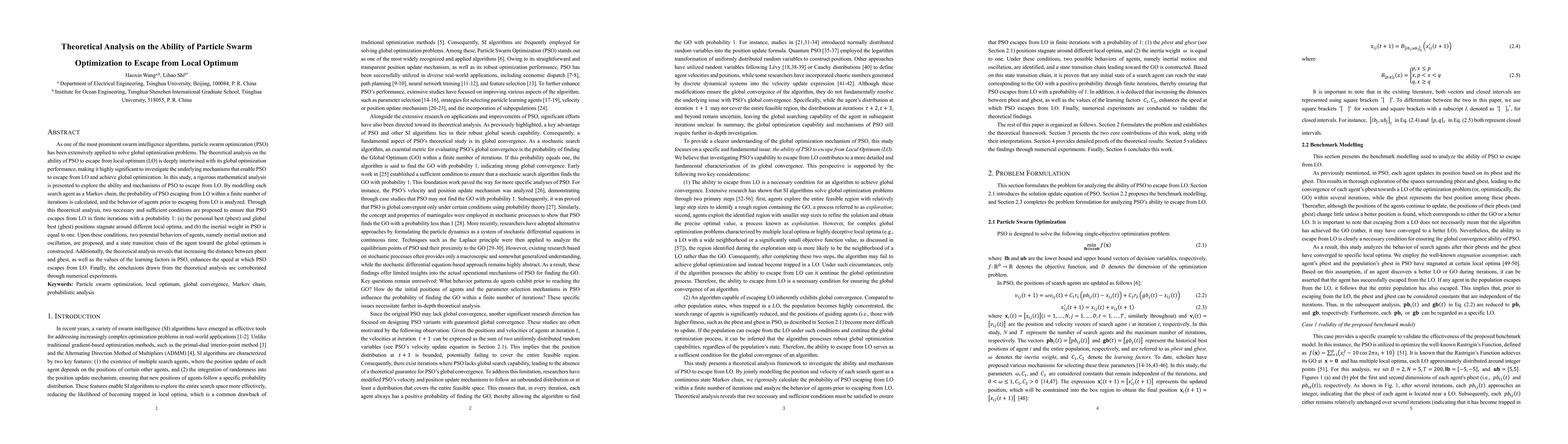 Thumbnail for Theoretical Analysis on the Ability of Particle Swarm Optimization to
  Escape from Local Optimum