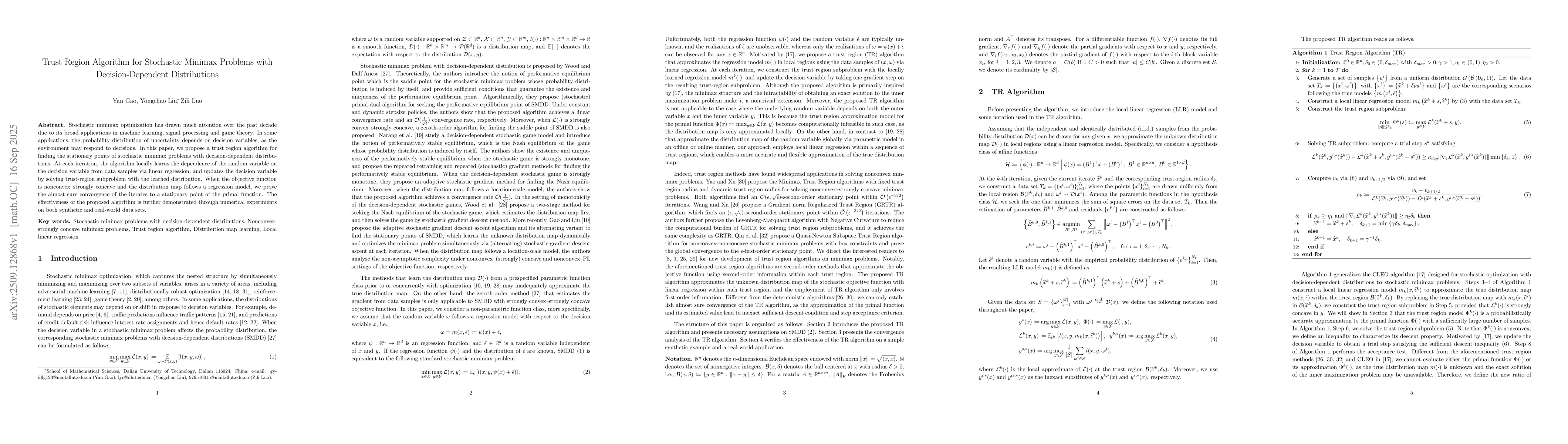 Thumbnail for Trust Region Algorithm for Stochastic Minimax Problems with
  Decision-Dependent Distributions