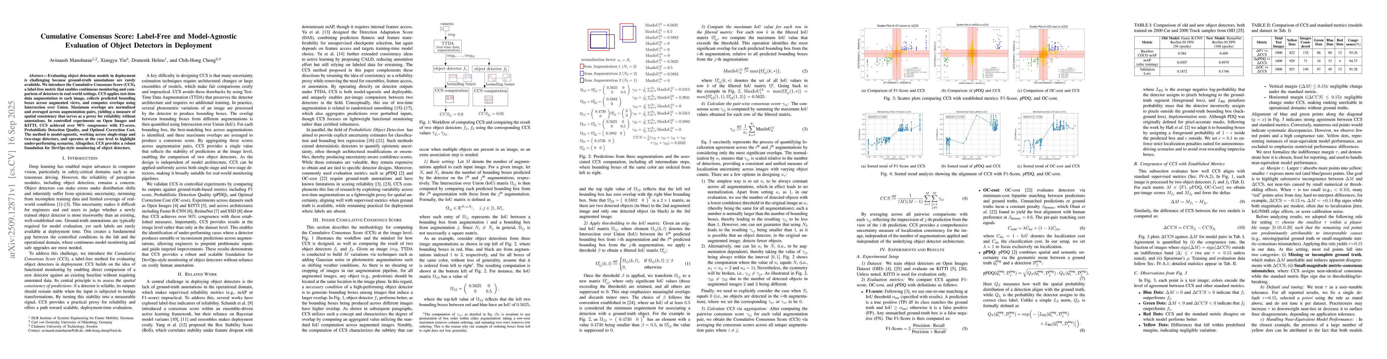 Thumbnail for Cumulative Consensus Score: Label-Free and Model-Agnostic Evaluation of
  Object Detectors in Deployment