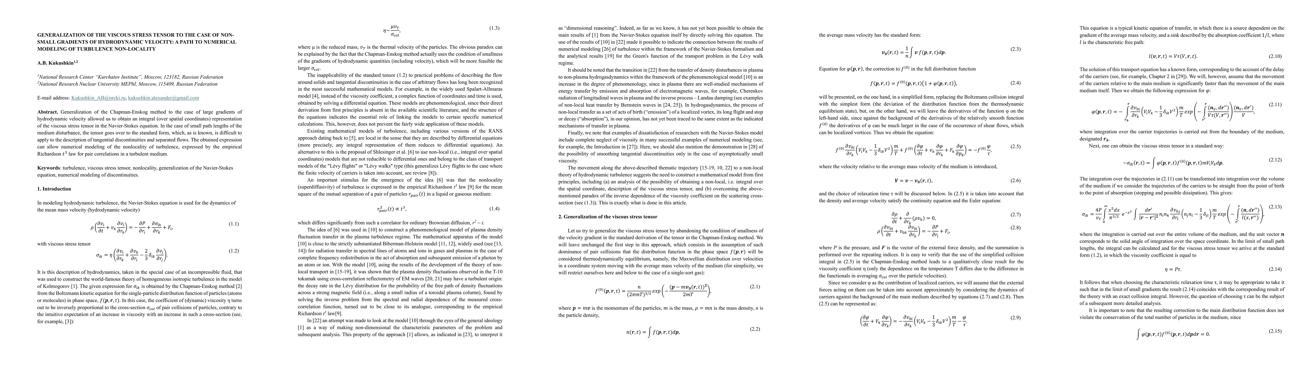 Thumbnail for Generalization of the viscous stress tensor to the case of non-small
  gradients of hydrodynamic velocity: a path to numerical modeling of
  turbulence non-locality