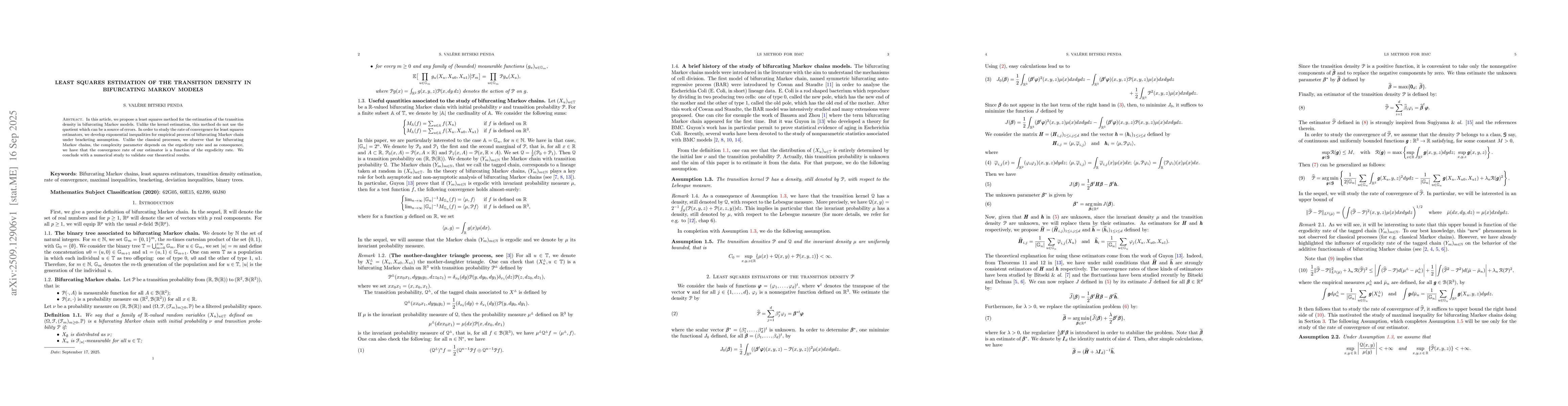 Thumbnail for Least squares estimation of the transition density in bifurcating Markov
  models