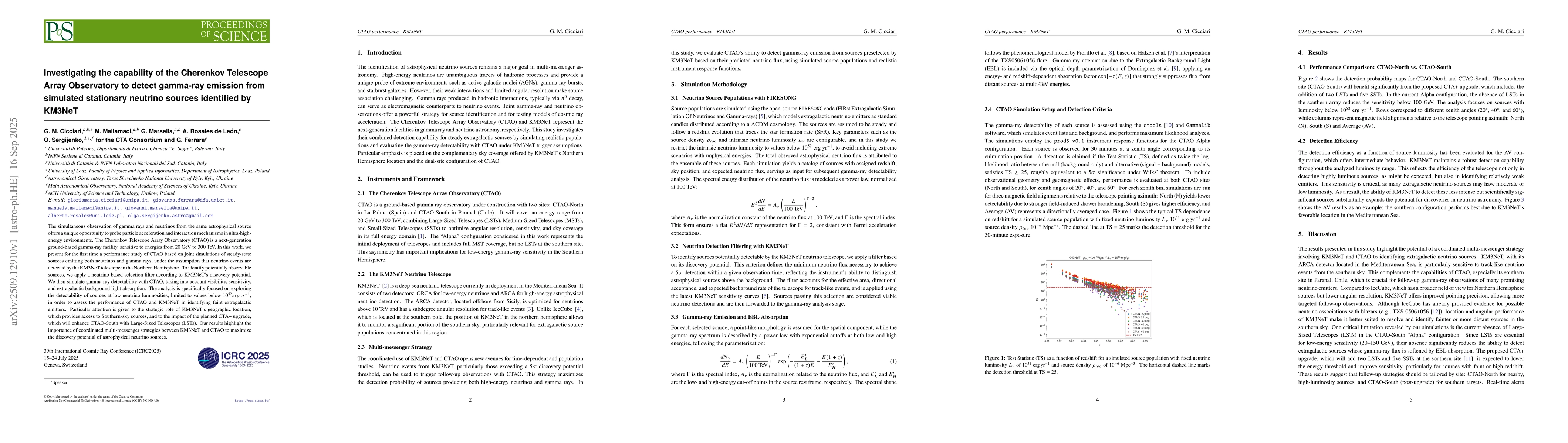 Thumbnail for Investigating the capability of the Cherenkov Telescope Array
  Observatory to detect gamma-ray emission from simulated stationary neutrino
  sources identified by KM3NeT