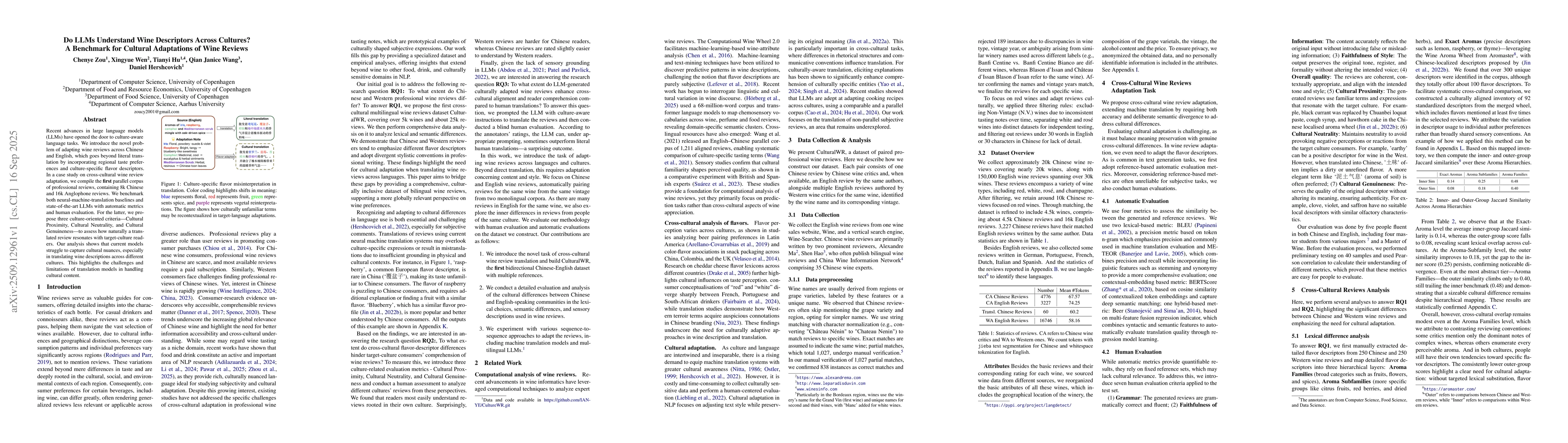 Thumbnail for Do LLMs Understand Wine Descriptors Across Cultures? A Benchmark for
  Cultural Adaptations of Wine Reviews