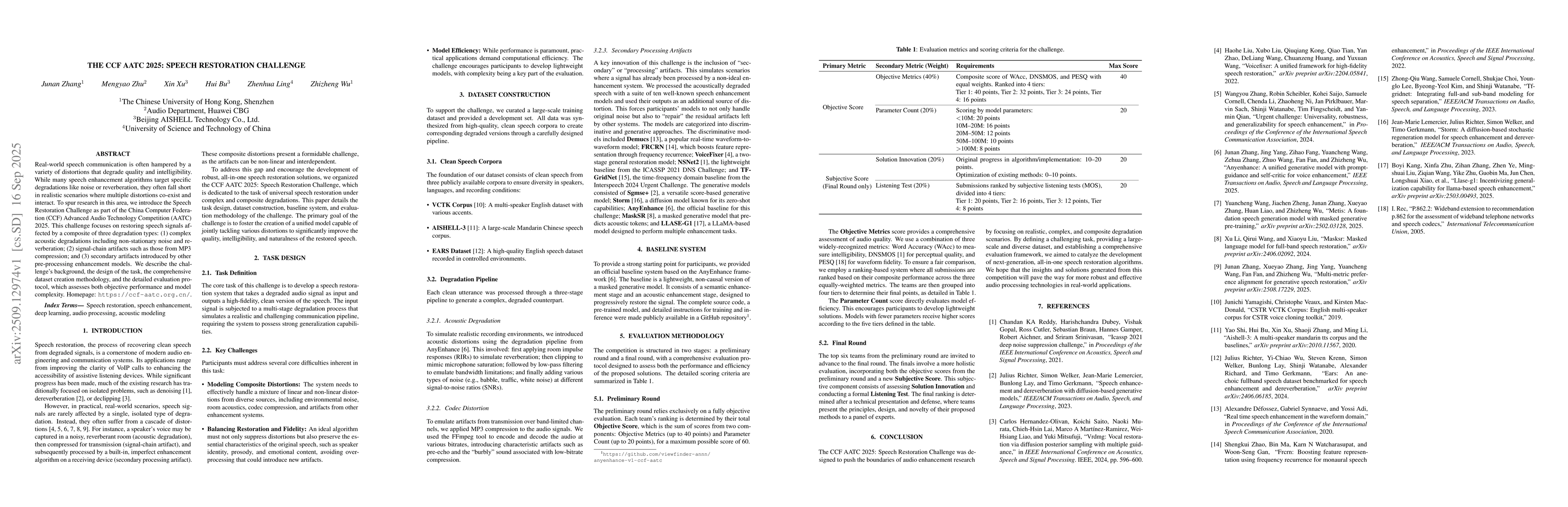 Thumbnail for The CCF AATC 2025: Speech Restoration Challenge