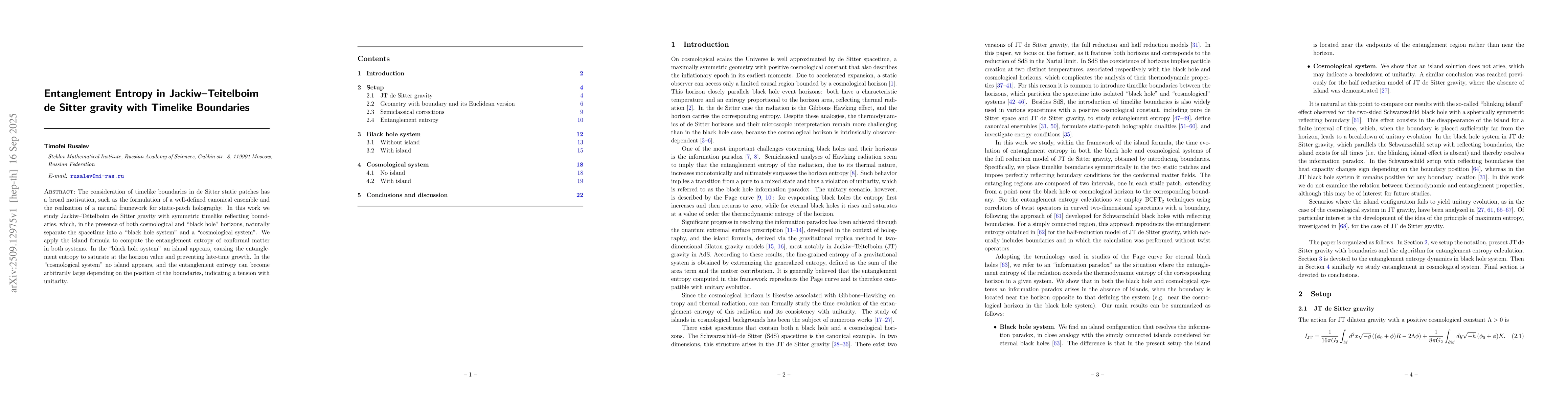 Thumbnail for Entanglement Entropy in Jackiw-Teitelboim de Sitter gravity with
  Timelike Boundaries