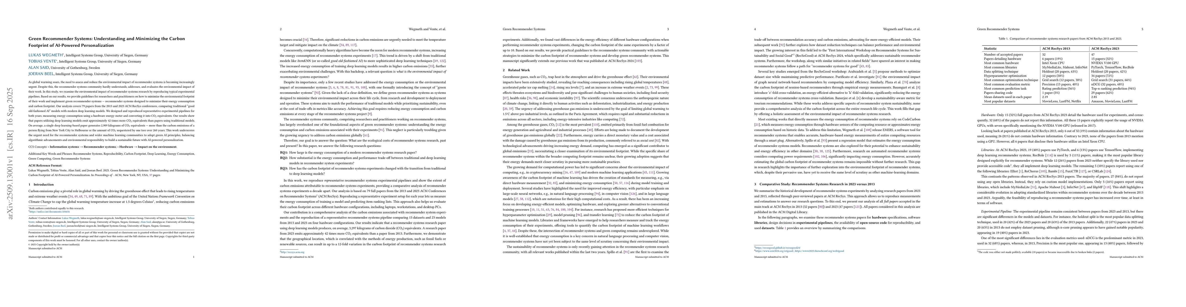Thumbnail for Green Recommender Systems: Understanding and Minimizing the Carbon
  Footprint of AI-Powered Personalization