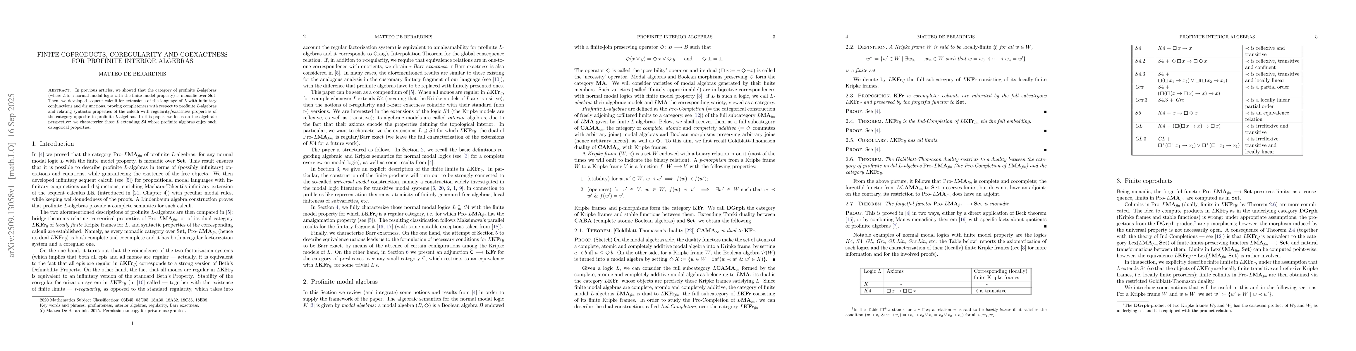 Thumbnail for Finite coproducts, coregularity and coexactness for profinite interior
  algebras